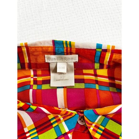 Austin Reed 100% Silk Multicolored Plaid Long Sleeve Blouse Women's 14W - Picture 4 of 7